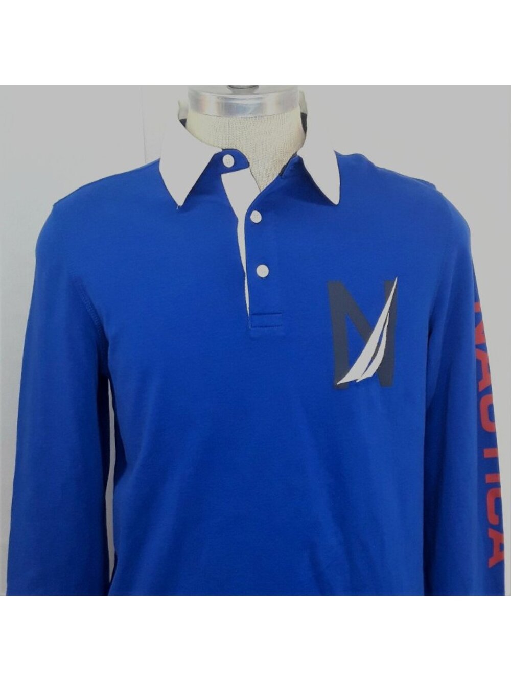 Nautica Rugby Shirt Mens Medium Long Sleeve Spell Out Blue White Polo